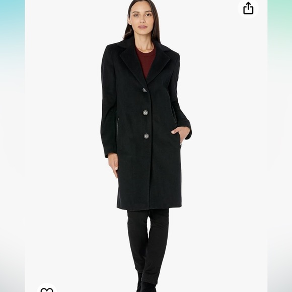 DKNY women's black wool blend coat with a notched lapel three-button closureXS